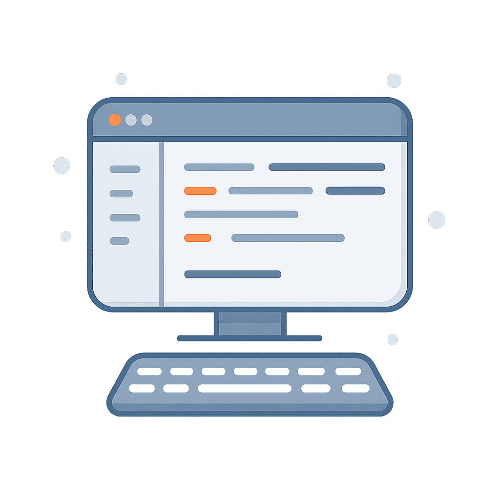 Computer mit Programmierung auf Bildschirm. Beispiel Grafik zur Unterstützung des Inhalts.